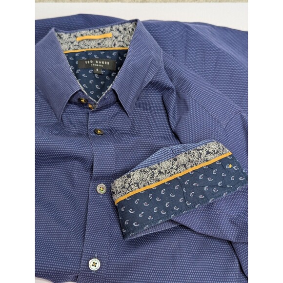 Ted Baker Mens Size 4 L Blue Bigidea Micro Dobby Flip Cuff Button Down Shirt - Picture 4 of 6